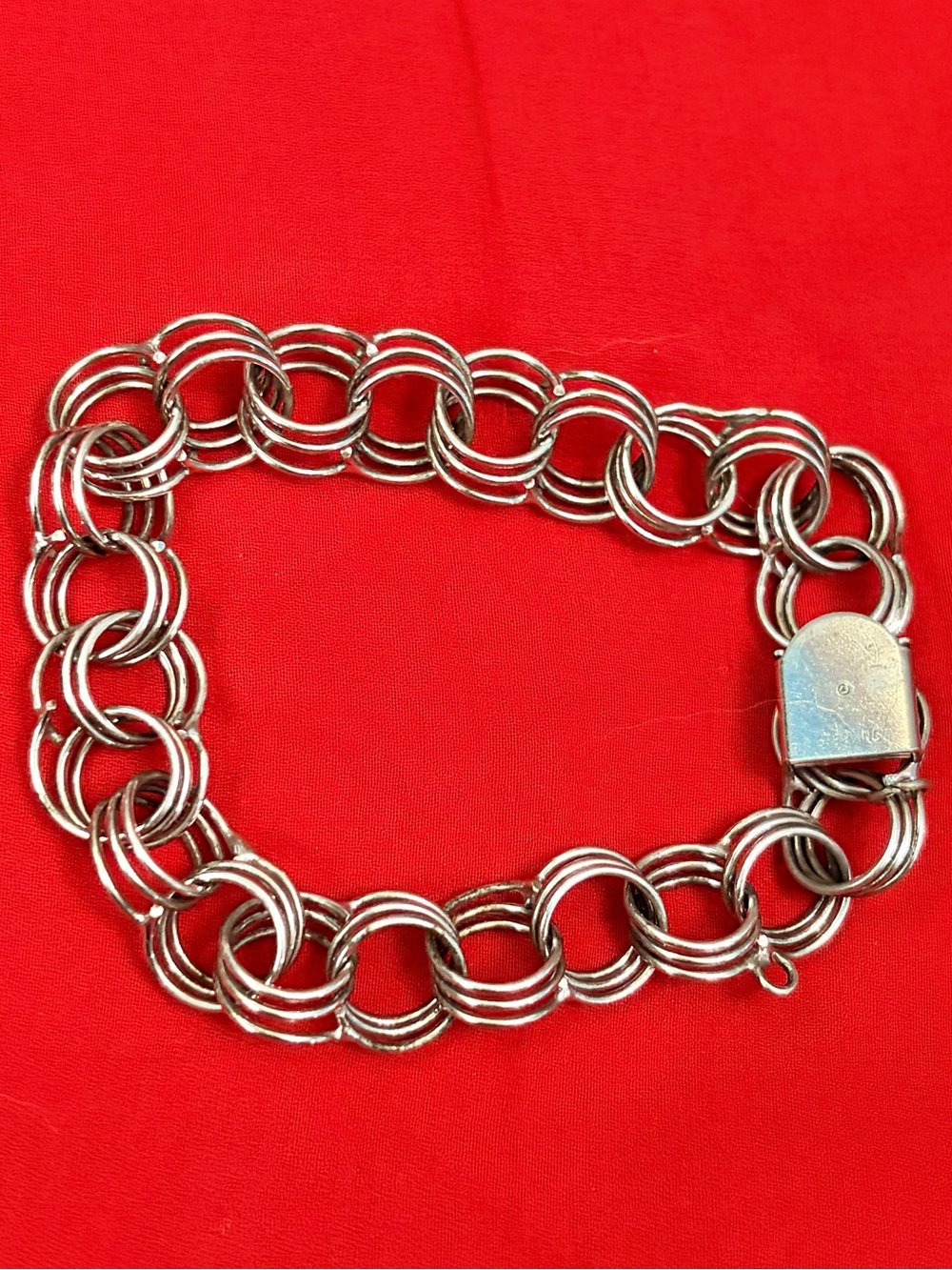 Vintage American STERLING SILVER 7" Charm BRACELET Triple Link Chain 1960s 925